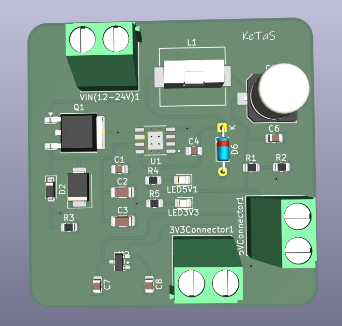 3D PCB design showing a 12–24 V input terminal, inductor, capacitors, and connectors labelled 5 V and 3.3 V